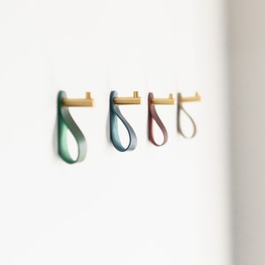 Brass Wall Mount Hooks with Leather Loops, Mounting Hardware Included, Entryway Kitchen Bedroom Organization, 7 Colors, Personalized, USA image 5