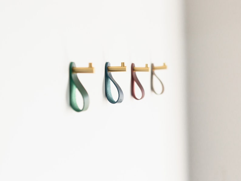 Brass Wall Mount Hooks with Leather Loops, Mounting Hardware Included, Entryway Kitchen Bedroom Organization, 7 Colors, Personalized, USA image 5