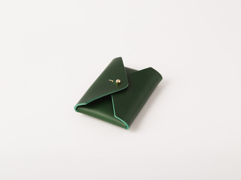 Cartera de cuero para tarjetas, cuero italiano curtido vegetal de grano completo, interior crudo sin forro, verde, tarjetero, personalizado, EE. UU. imagen 3
