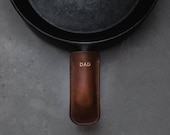 Leather Cast Iron Skillet Handle Cover, Pot Handle Cover, Italian Leather, Saddle Stitched, Personalized, Monogram, Hand Made in the US