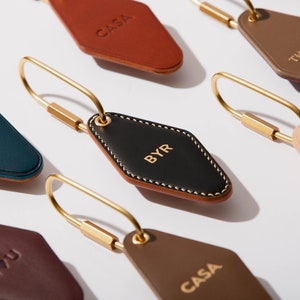 Italian Leather Key Chain with Brass Key Ring, Vintage Hotel Motel Key, Solid Brass Oval Key Ring, Personalized, Monogram, Luxury Gift, USA