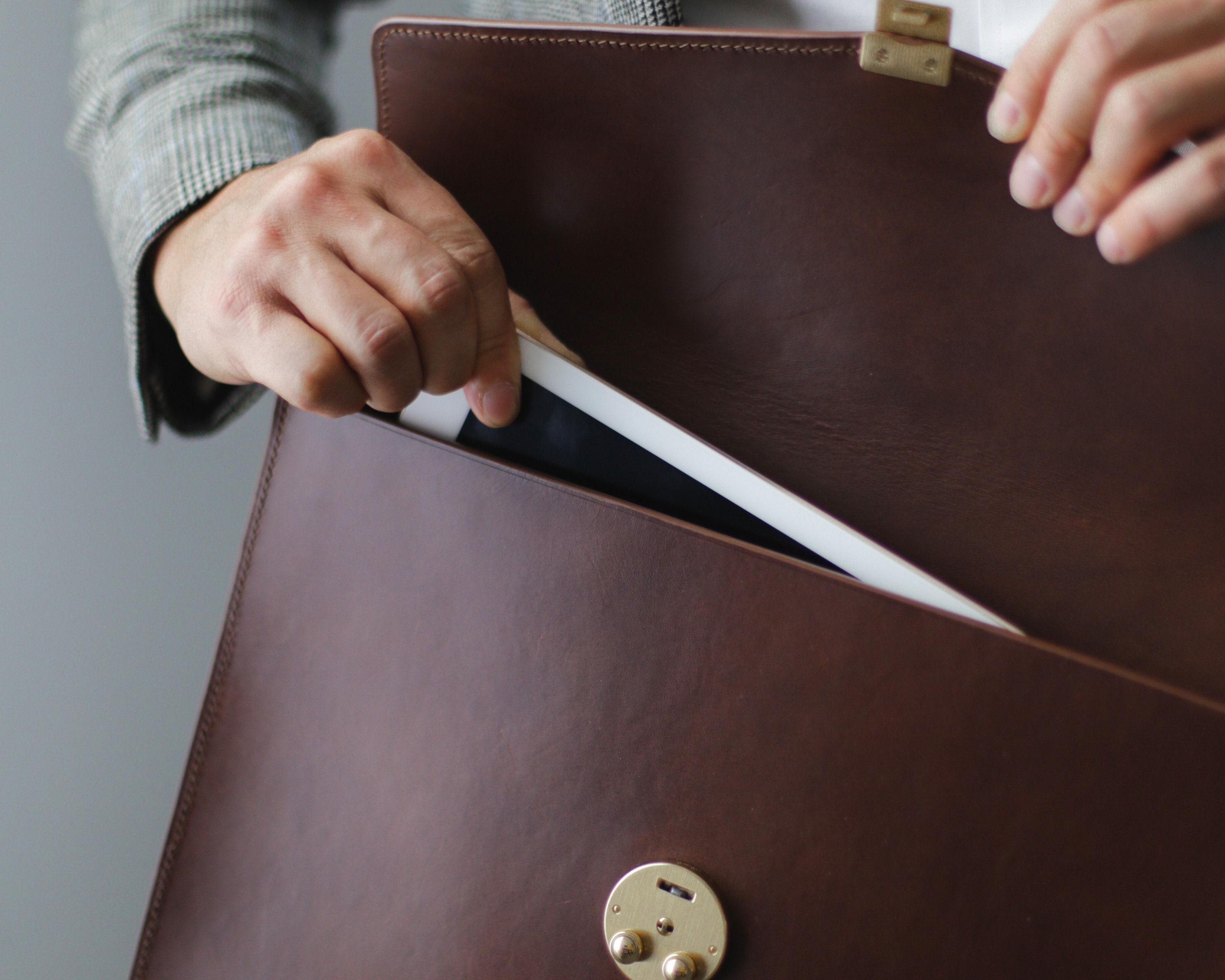 Mens Leather Folio Tech Clutch with Brass Lock Italian | Etsy