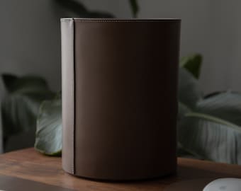 Leather Wrapped Stainless Steel Waste Bin, Handmade in the US, Made to Order, 9 Colors, Cylindrical Round Leather Trash Can, Italian Leather