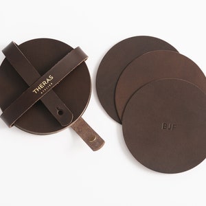 Italian Leather Coaster Set, Personalized, Round Circle Coaster with Case, Housewarming Entertaining Gift, Hand Made in the US, Rich Brown