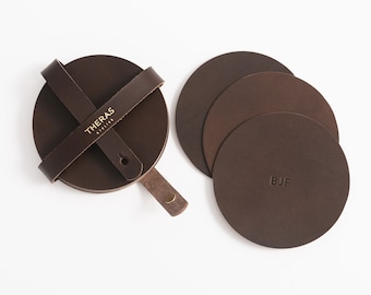 Italiaanse Leather Coaster Set, Gepersonaliseerd, Ronde Circle Coaster met case, Housewarming Entertaining Gift, Met de hand gemaakt in de VS, Rich Brown