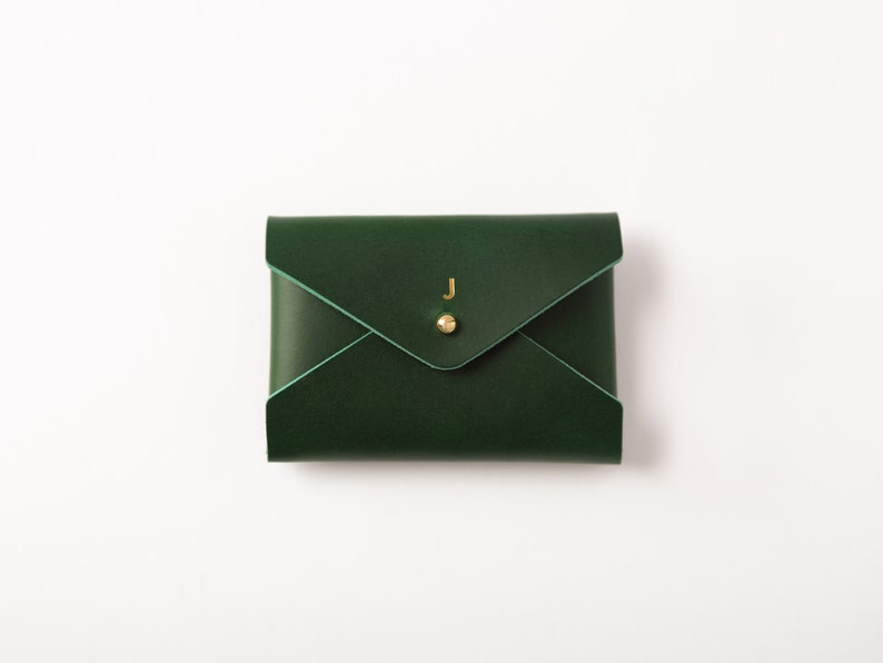 Cartera de cuero para tarjetas, cuero italiano curtido vegetal de grano completo, interior crudo sin forro, verde, tarjetero, personalizado, EE. UU. imagen 1