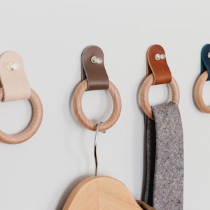 Wooden Ring Hook with Leather Loop, Wall Hook, Furniture Handle Pull, Grommet Reinforcement, Italian Leather, Hand Made in the US, 9 Colors