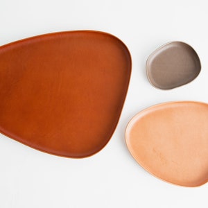 May include: Three irregularly shaped serving trays in different sizes. The largest tray is brown, the medium tray is orange, and the smallest tray is gray.