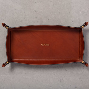 Italian Leather Contrast Lined Catchall Valet Tray, Medium, Long Rectangular, Personalized Luxury Leather Gift, Made to Order USA