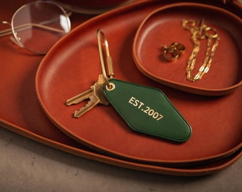 Green Italian Leather Key Chain with Brass Key Ring, Hotel Motel Key, Solid Brass Oval Key Ring, Personalized, Monogram, Luxury Gift, USA