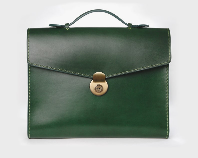 Mens Leather Briefcase With Brass Lock Green Buttero Leather Etsy