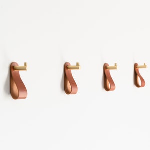 Brass Wall Mount Hooks with Leather Loops, Mounting Hardware Included, Entryway Kitchen Bedroom Organization, 7 Colors, Personalized, USA