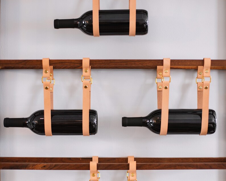 Walnut Wall Mount Wine Rack With Leather Straps and Gold Etsy