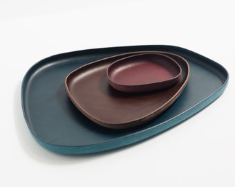 Handmade Italian Leather Valet Tray, Modern Desk Organizer, Nesting Set