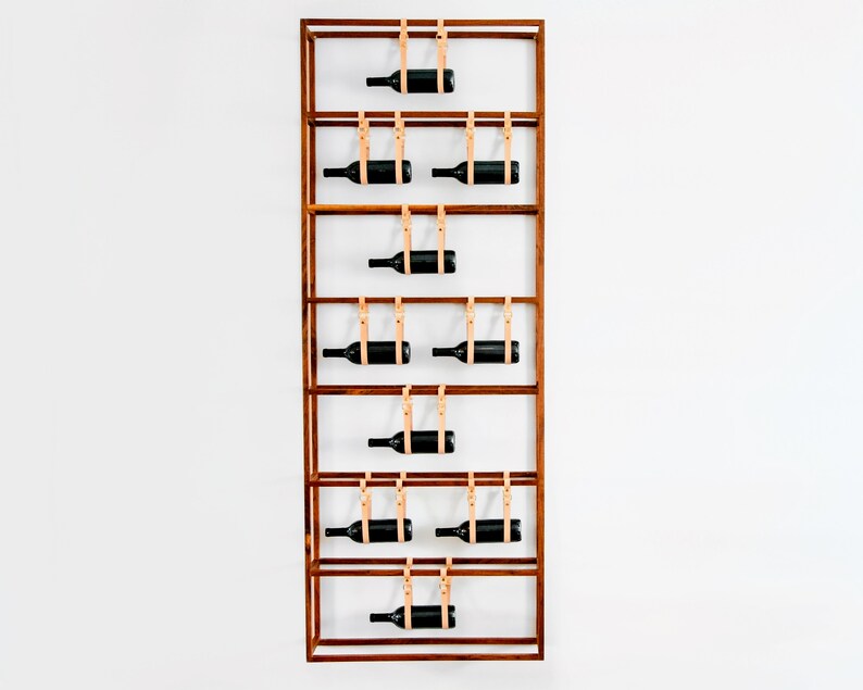 Walnut Wall Mount Wine Rack With Leather Straps and Gold Etsy