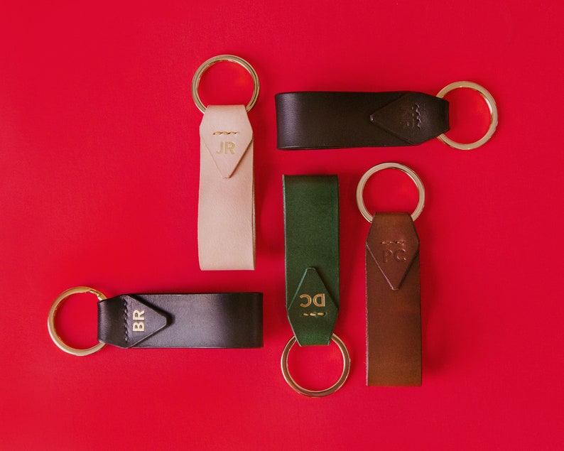 Green Italian Leather Key Chain with Gold Key Ring, Personalized, Monogram, Luxury Gift, 7 Colors Available, Hand Made in the US image 3