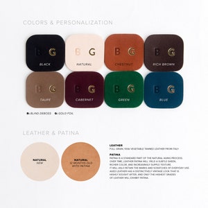 May include: Leather swatches in various colors, including black, natural, chestnut, rich brown, taupe, cabernet, green, and blue. The swatches are labeled with the color name and have a blind deboss and gold foil lettering. The image also includes a description of leather and patina.