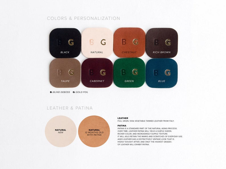 May include: Leather swatches in various colors, including black, natural, chestnut, rich brown, taupe, cabernet, green, and blue. The swatches are labeled with the color name and have a blind deboss and gold foil lettering. The image also includes a description of leather and patina.