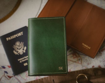 Groene Italiaanse lederen paspoorthouder, paspoorthoes, travel wallet, 7 kleuren, zadel gestikt, met de hand gemaakt in de VS, Monogram Gepersonaliseerd