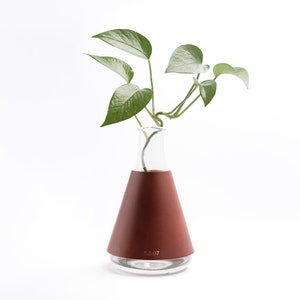 Lab Series Leather Wrapped Vases, Conical, Glass Vase with Leather, Modern Minimal Vase Centerpiece, Personalized, USA, Chestnut