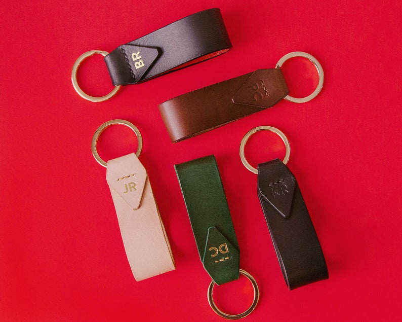 Green Italian Leather Key Chain with Gold Key Ring, Personalized, Monogram, Luxury Gift, 7 Colors Available, Hand Made in the US image 5