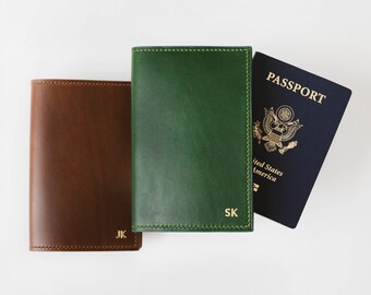 Green Italian Leather Passport Holder, Passport Cover, Travel Wallet, 7 Colors, Saddle Stitched, Hand Made in the US, Monogram Personalized