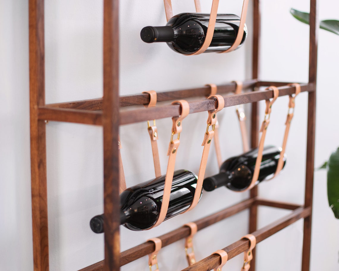 Walnut Wall Mount Wine Rack with Leather Straps and Gold Etsy