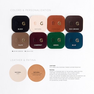 May include: Leather swatches in a range of colours, including black, natural, chestnut, rich brown, taupe, cabernet, green, and blue. The swatches are labelled with the colour name and feature blind embossing and gold foil lettering. The image also includes a description of leather and patina.