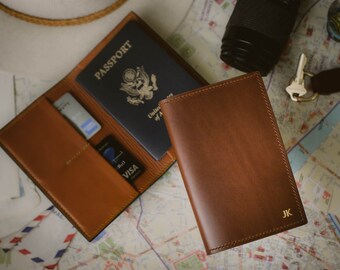 Brown Italian Leather Passport and Card Holder, Travel Wallet, Lined, Saddle Stitched, Hand Made in the US, Monogram Personalized