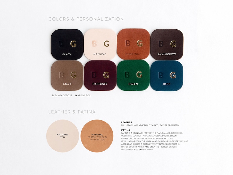 May include: A product display showcasing leather swatches in various colors: black, natural, chestnut, rich brown, taupe, cabernet, green, and blue. Each swatch features embossed initials and gold foil accents. Additional samples show new and aged leather.