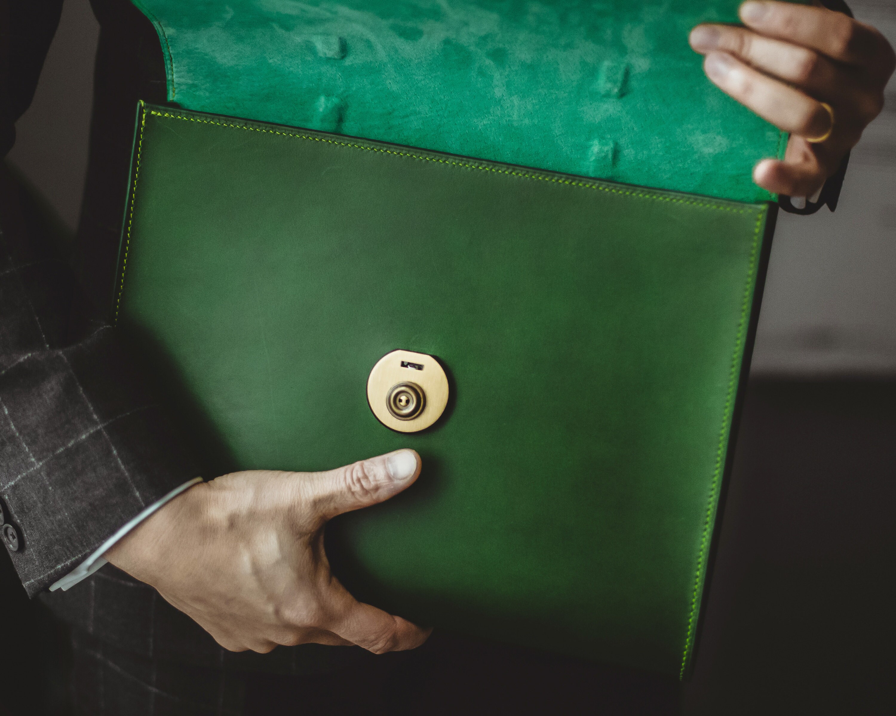 Mens Leather Briefcase With Brass Lock Green Buttero Leather Etsy