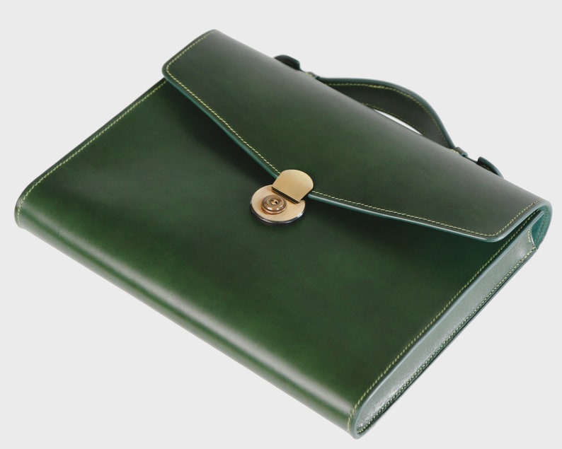 Mens Leather Briefcase With Brass Lock Green Buttero Leather Etsy
