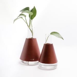 Lab Series Leather Wrapped Vases, Conical, Glass Vase with Leather, Modern Minimal Vase Centerpiece, Personalized, USA, Chestnut