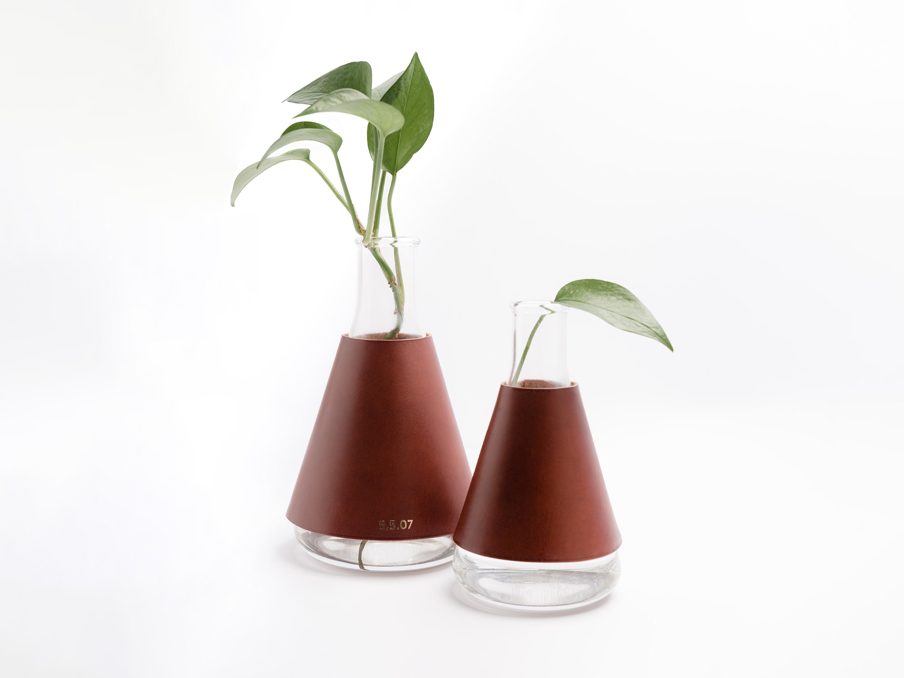 Lab Series Leather Wrapped Vases, Conical, Glass Vase With Leather, Modern Minimal Centerpiece, Personalized, Usa, Chestnut