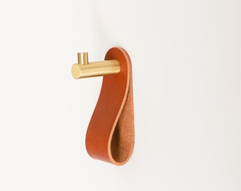 Brass Wall Mount Hooks with Leather Loops, Mounting Hardware Included, Entryway Kitchen Bedroom Organization, Chestnut, Personalized, USA