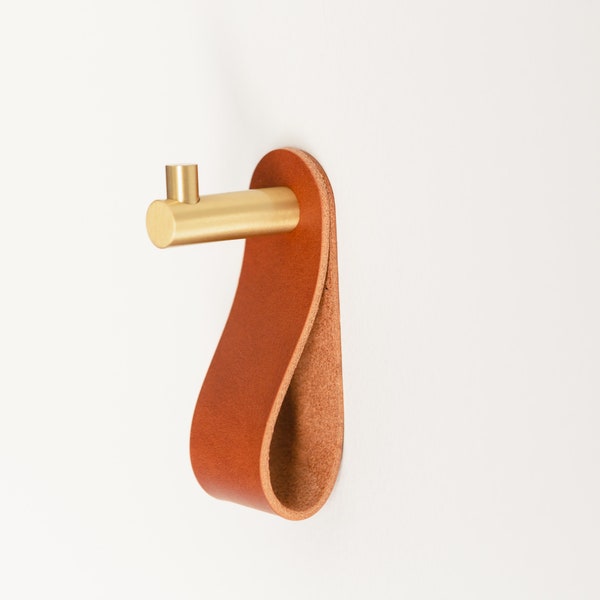 Brass Wall Mount Hooks with Leather Loops, Mounting Hardware Included, Entryway Kitchen Bedroom Organization, Chestnut, Personalized, USA