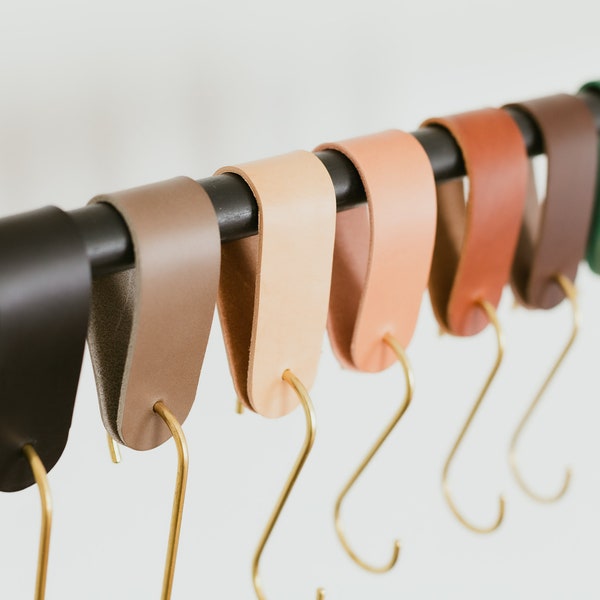 Leather Loop S Hooks, Italian Buttero Veg Tan Leather, Solid Brass Rounded Hooks, Kitchen Office Bedroom Organization, 7 Colors, Made in USA