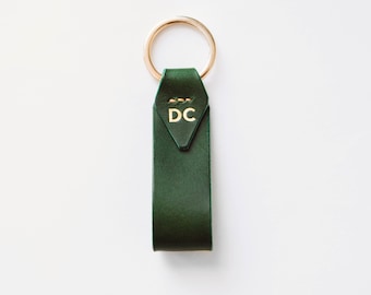 Green Italian Leather Key Chain with Gold Key Ring, Personalized, Monogram, Luxury Gift, 7 Colors Available, Hand Made in the US