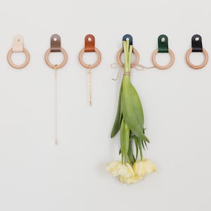 Wooden Ring Hook with Leather Loop, Wall Hook, Furniture Handle Pull, Grommet Reinforcement, Italian Leather, Hand Made in the US, 9 Colors