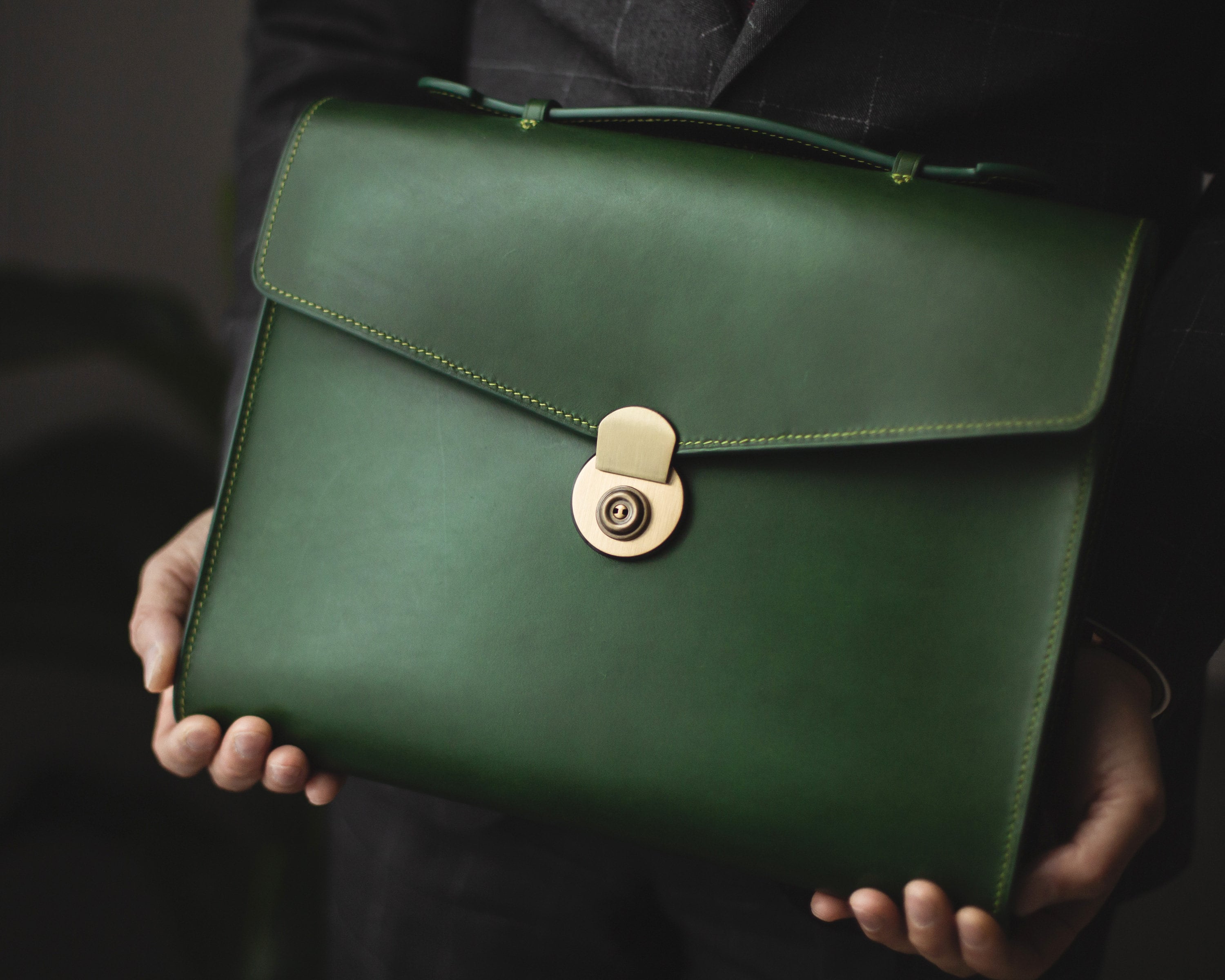 green leather briefcase