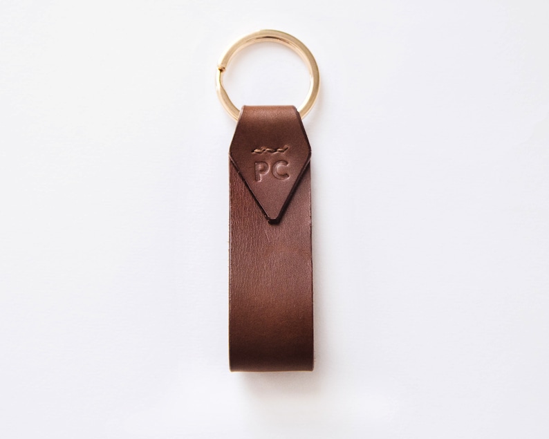 Green Italian Leather Key Chain with Gold Key Ring, Personalized, Monogram, Luxury Gift, 7 Colors Available, Hand Made in the US Rich Brown