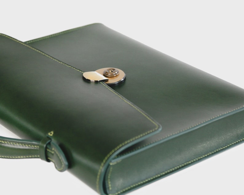 Mens Leather Briefcase With Brass Lock Green Buttero Leather Etsy
