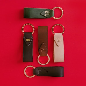Monogram Italian Leather Key Chain with Gold Key Ring, Personalized Luxury Gift, 7 Colors Available, Hand Made in the US