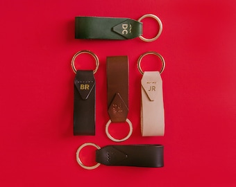 Monogram Italian Leather Key Chain with Gold Key Ring, Personalized Luxury Gift, 7 Colors Available, Hand Made in the US
