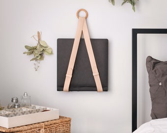 Leather Hanging Magazine Holder With Wood Accent, Leather Wall Decor, Leather Wall Decor, Vegetable Tan Leather, Made in the US