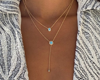 Blue Lariat Necklace Hand Wrapped Amazonite and Gold Plated Sterling Silver Necklace Minimalist Necklace Y Neck Gemstone Lariat Necklace