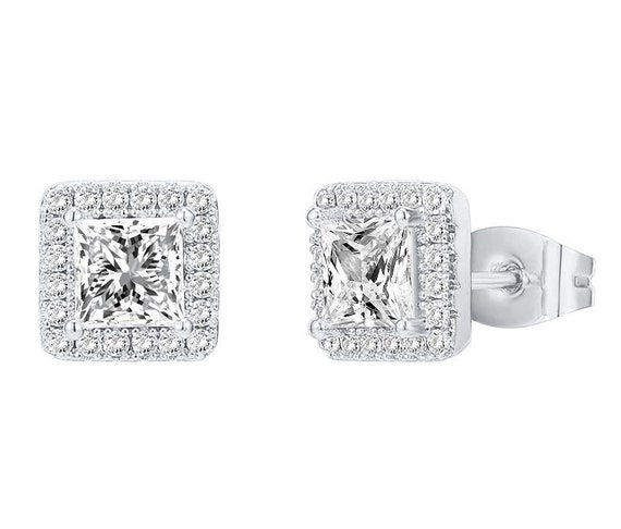 Diamond Earrings Princess Cut 14K Gold Plated Sterling Silver | Etsy