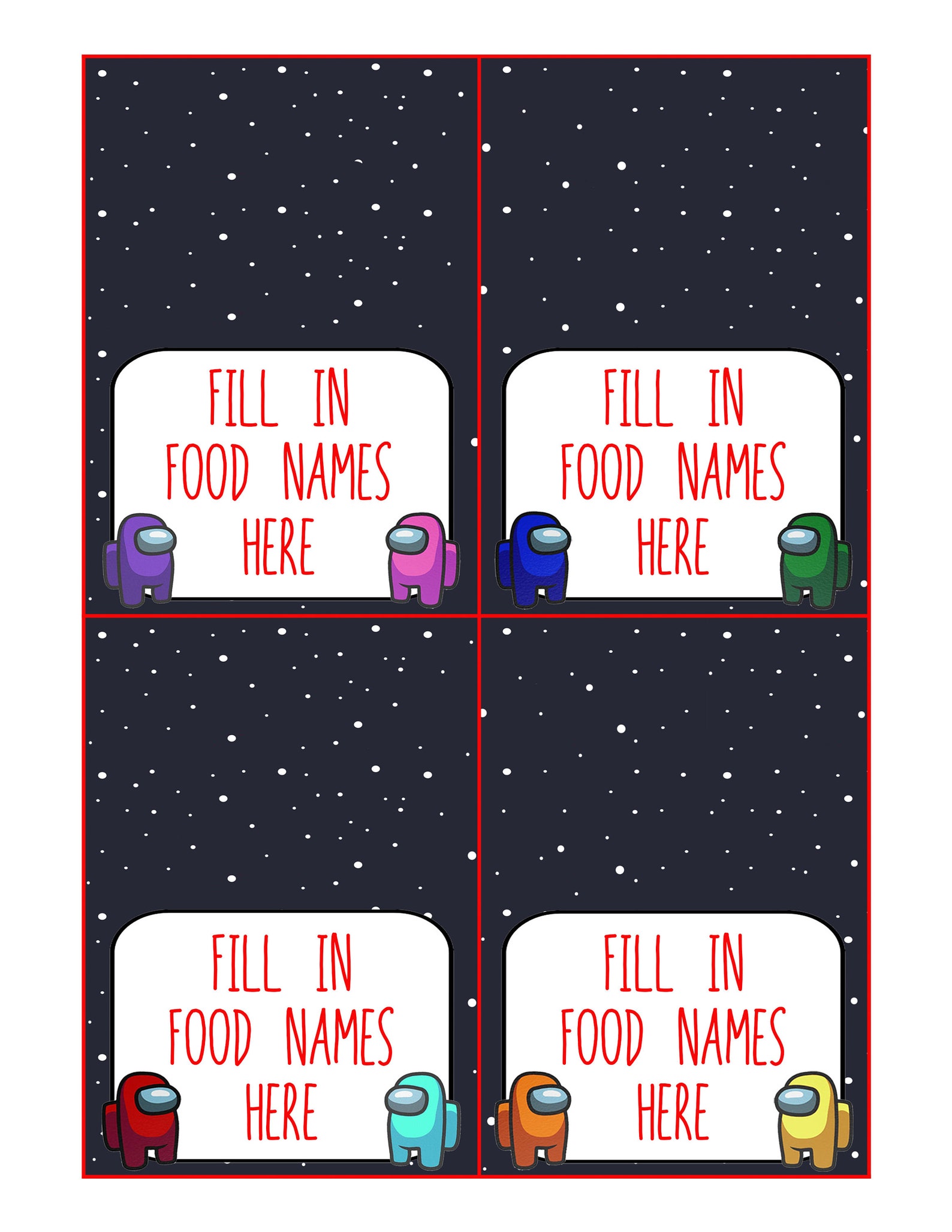 among us printable food labels foldable tent buffet food