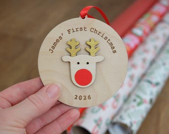 Personalised Baby's First Christmas Wood Ornament, Handmade Reindeer Bauble, New Baby Gift, 2026