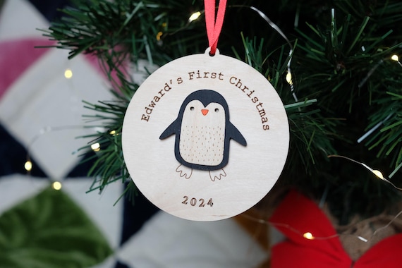 Personalised Baby's 1st Christmas, First Christmas Gift, Wooden Baby Keepsake, New Baby Ornament, Cute Penguin, Baby First Christmas Bauble